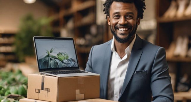 A man in a grey blazer with a laptop showing how ecommerce businesses lead the way in sustainability.