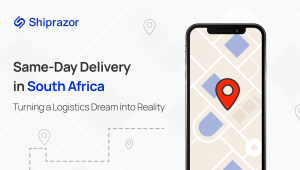 Graphic represents same-day delivery in South Africa in smartphone with a map and red location pin.