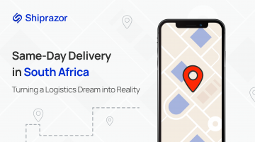Graphic represents same-day delivery in South Africa in smartphone with a map and red location pin.